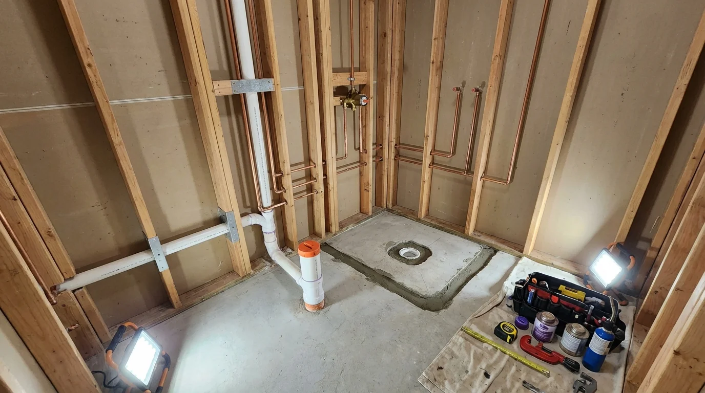 Bathroom rough-in plumbing during remodel by Johns Plumbing LLC in East Dublin