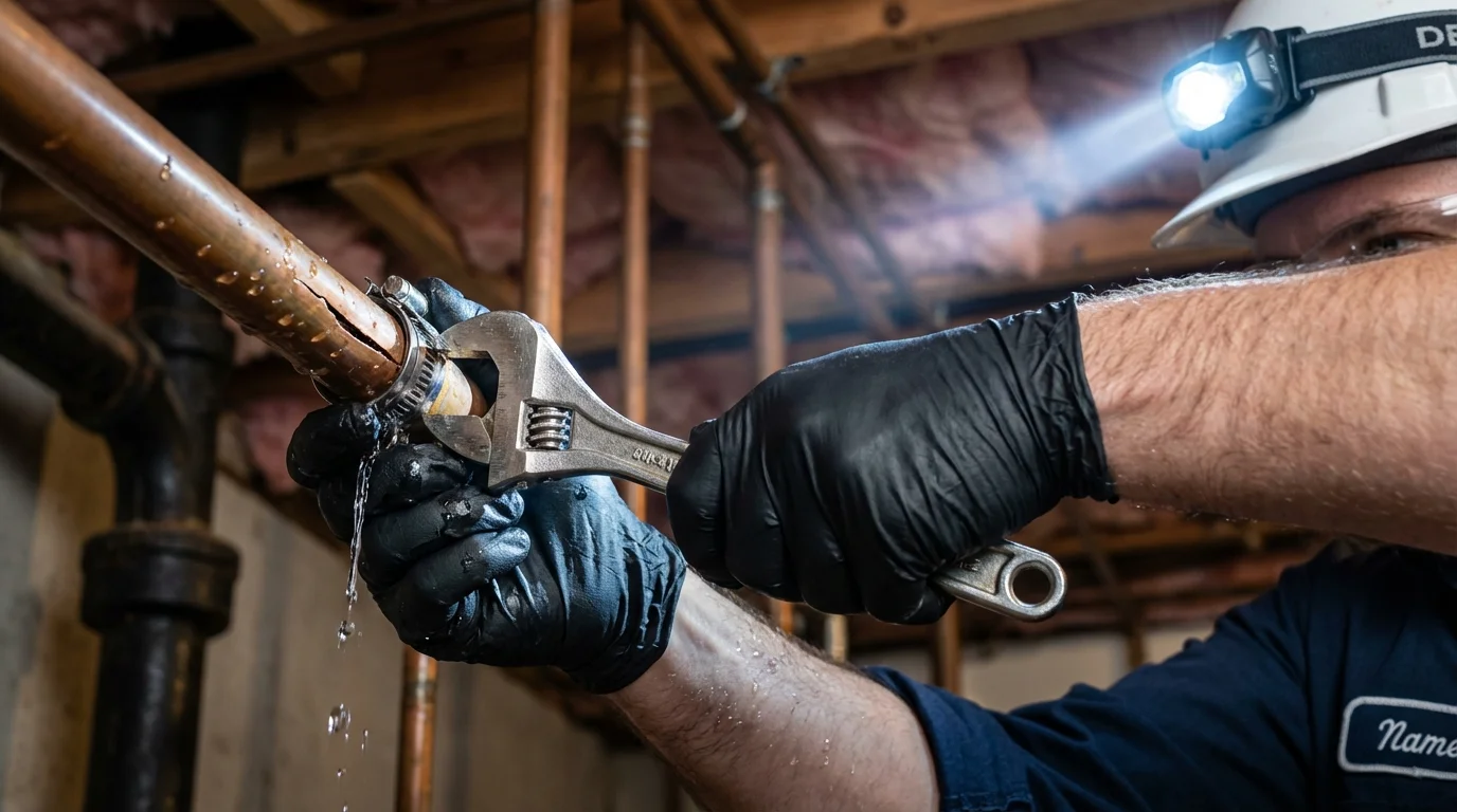Emergency pipe clamp repair being performed by a Johns Plumbing LLC plumber in East Dublin