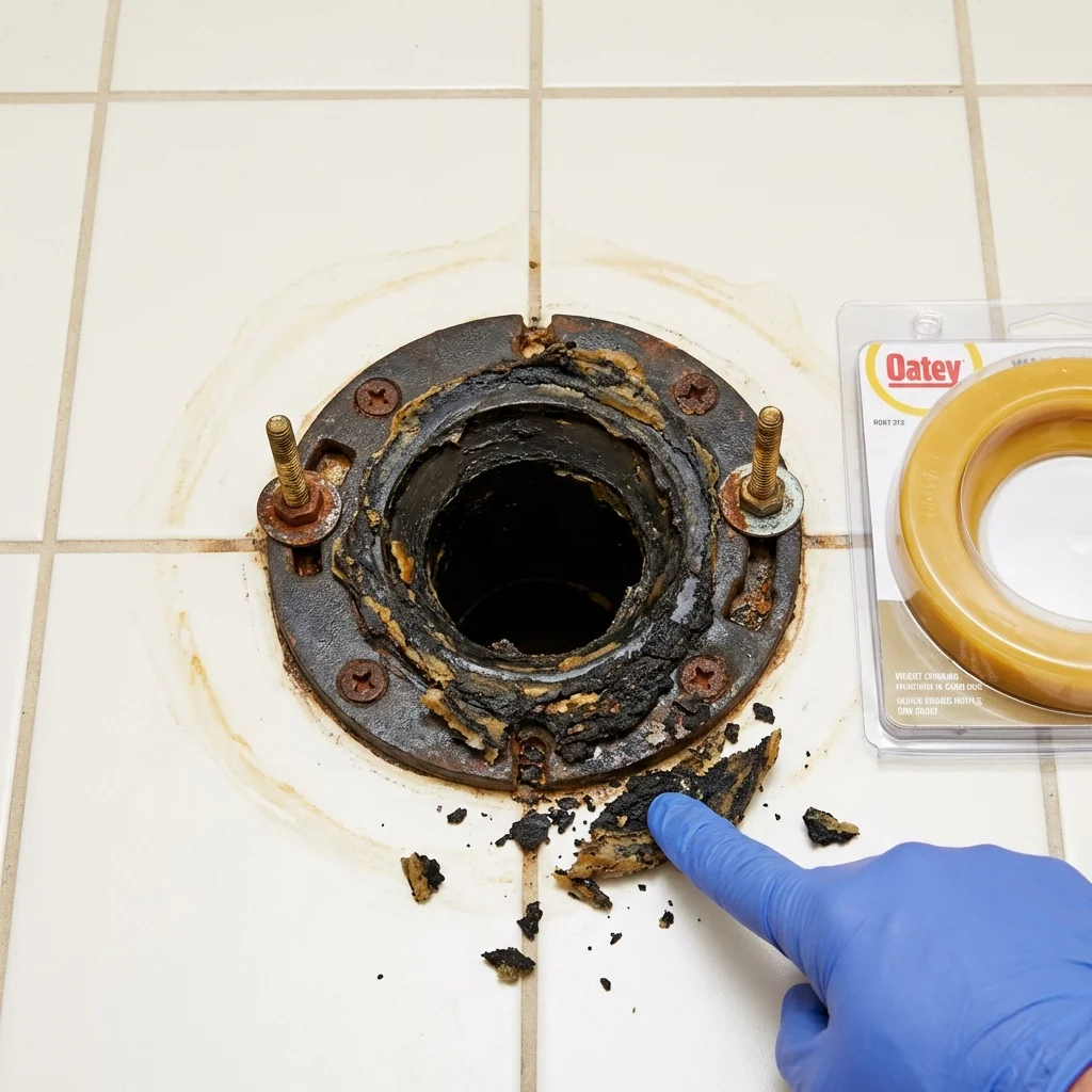 Failed wax ring showing water seepage at the base of a toilet in a East Dublin, GA home