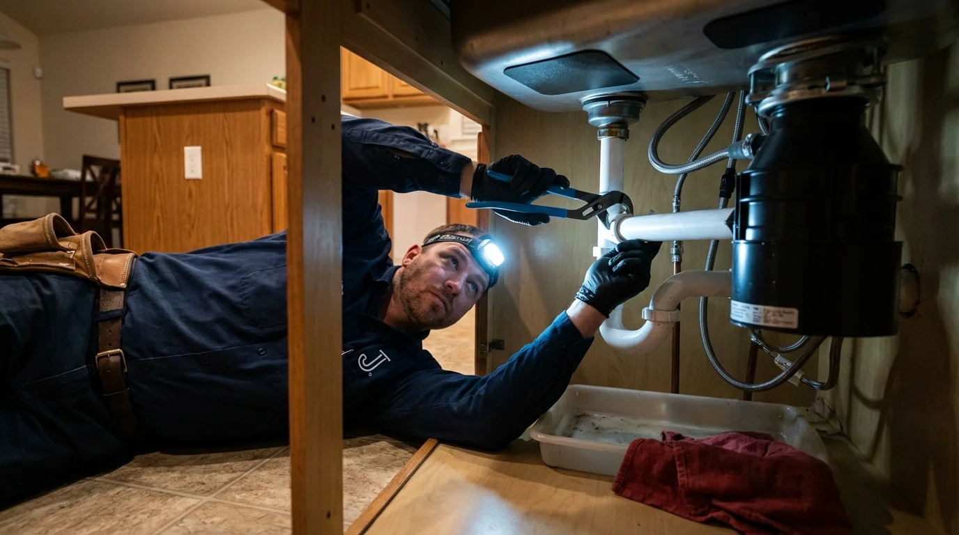 P-trap and supply line connections under a kitchen sink showing a common leak point in East Dublin, GA